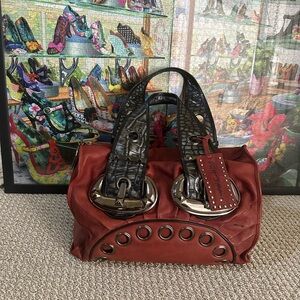 Betsey Johnson Red Satchel with Black Croc-Effect Straps